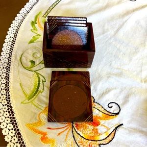 Vintage Rosewood Box with Set of Six Coasters. Brass Inlay and Floral Carving